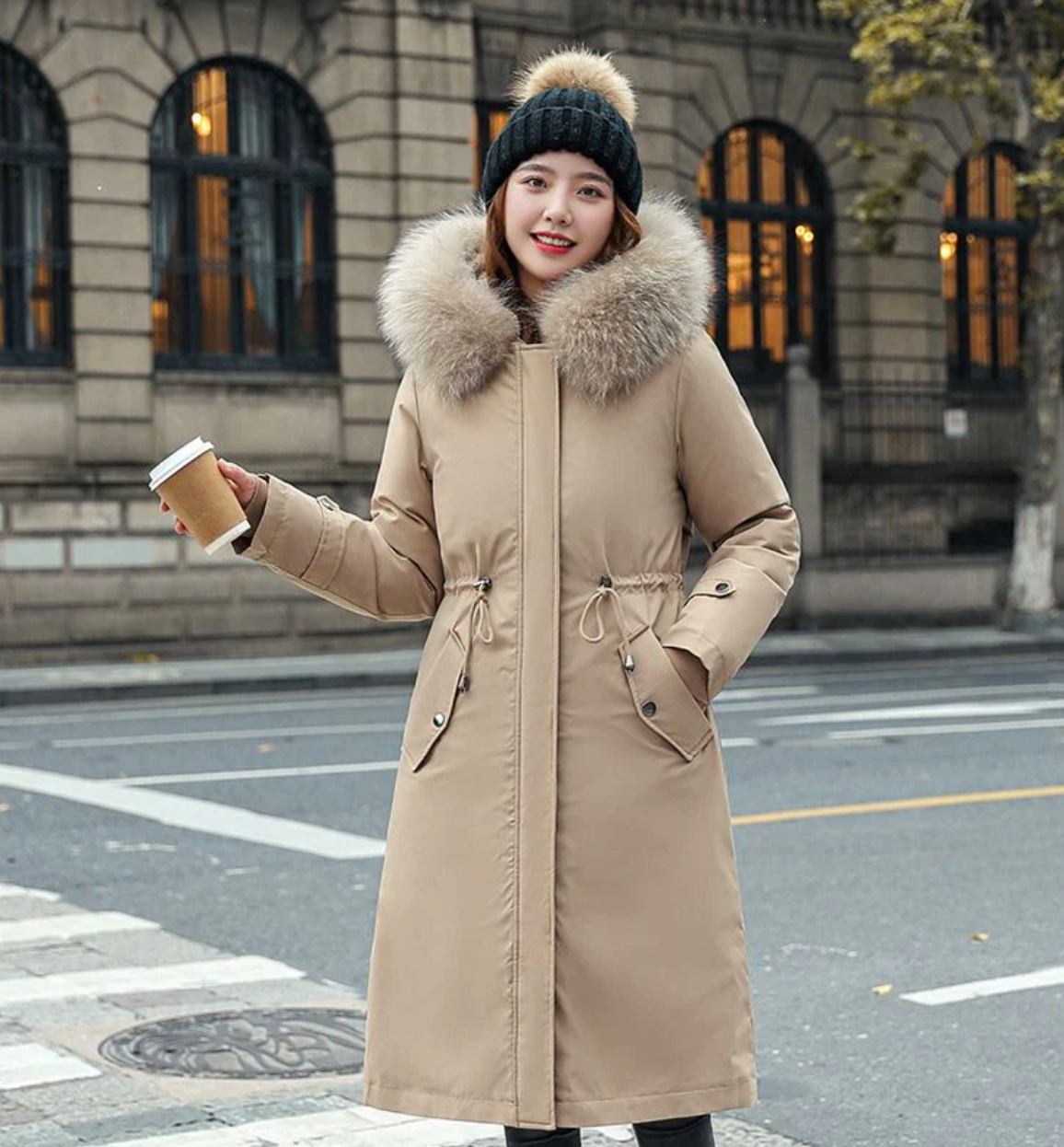 Parka informal con cuello de piel y capucha de invierno para mujer